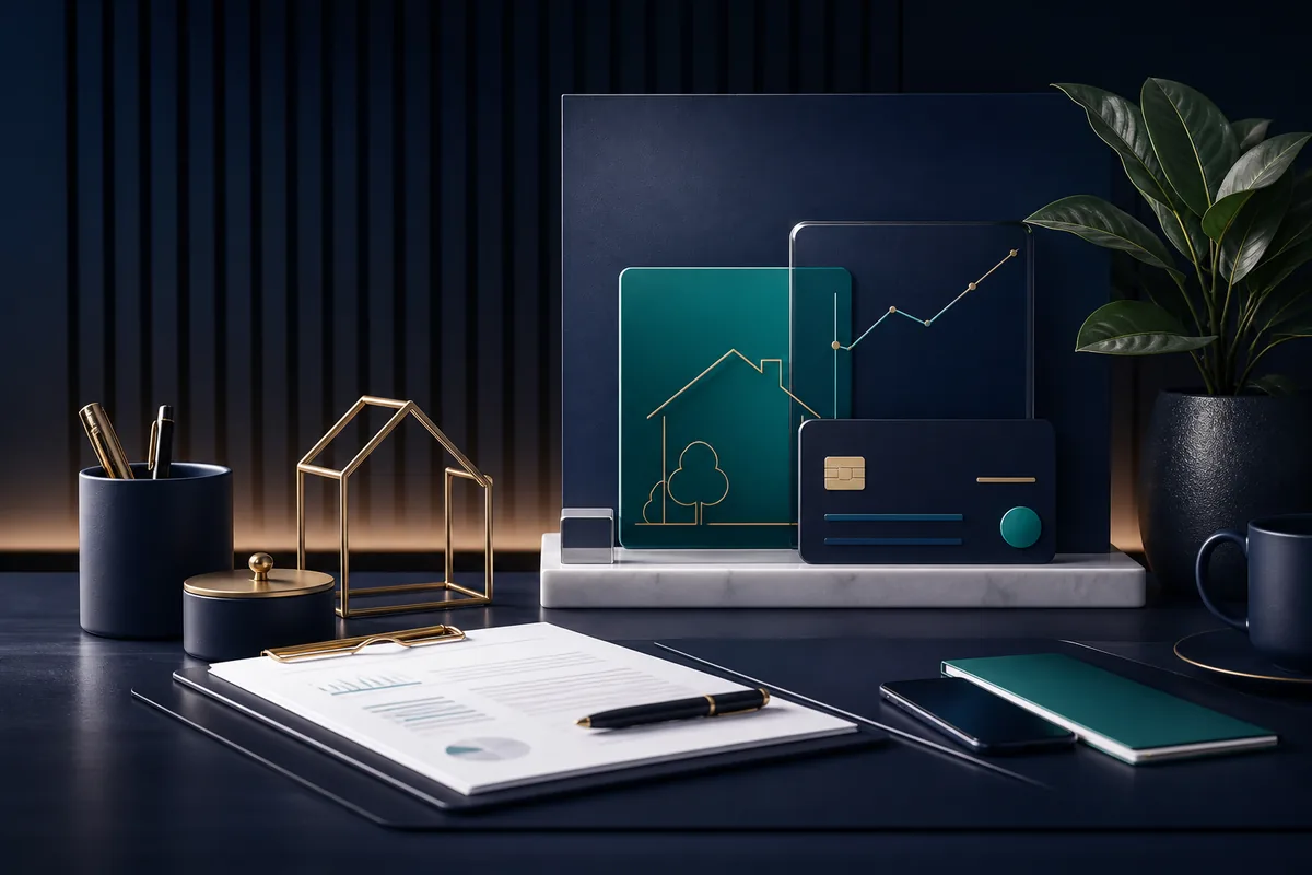 Premium finance consultation visual with documents, phone and property finance elements.