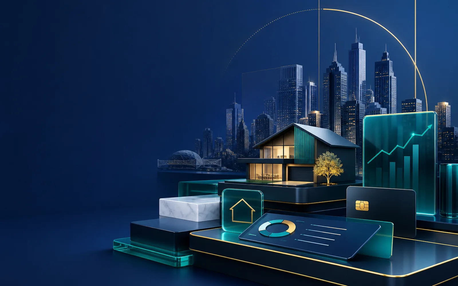 Premium property and finance visual with dashboard and Melbourne-inspired skyline elements.