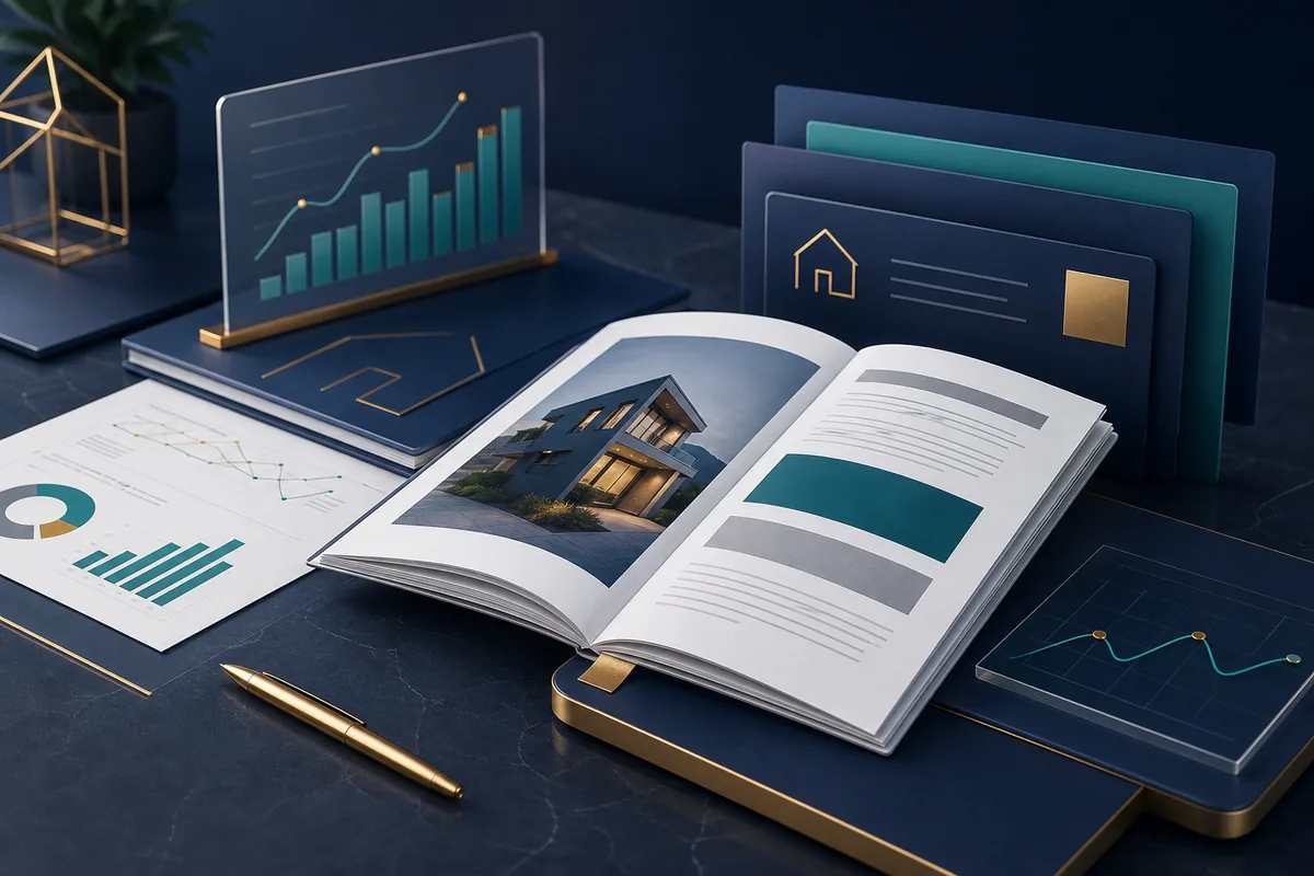 Premium finance education visual with documents, property outlines and chart elements.