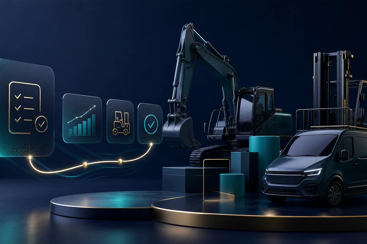 Premium asset finance visual with equipment and finance pathway elements.
