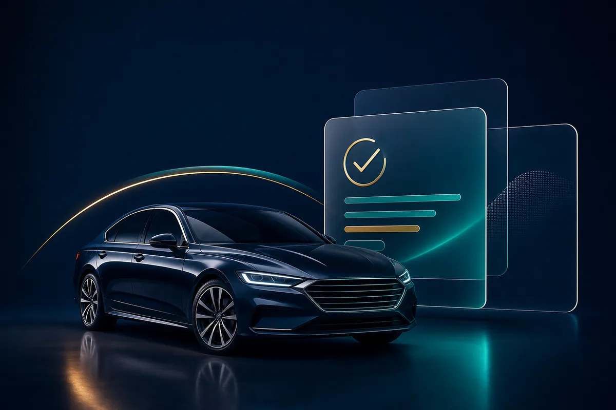 Premium vehicle finance visual with a modern vehicle and finance card elements.