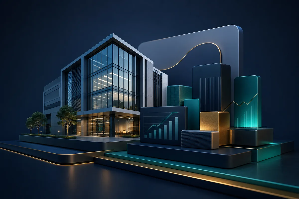 Premium commercial finance visual with office building forms and structured finance elements.