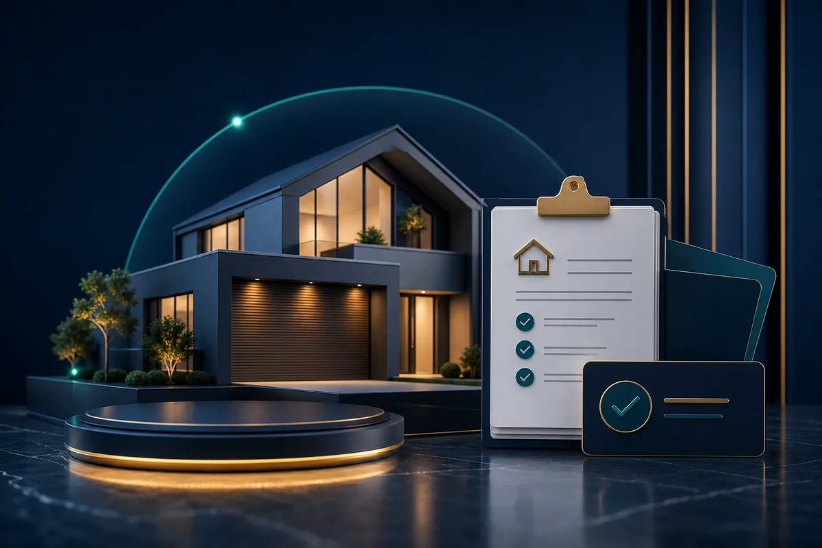 Premium home lending visual with a modern home and loan documents.