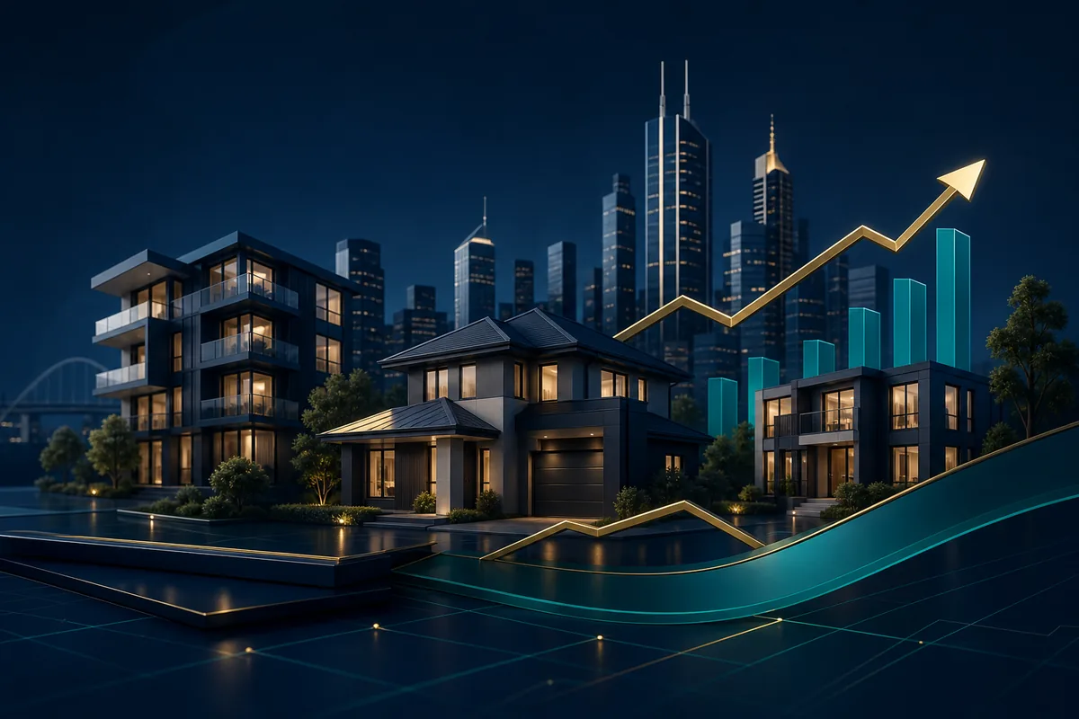 Premium property investment finance visual with portfolio and growth elements.