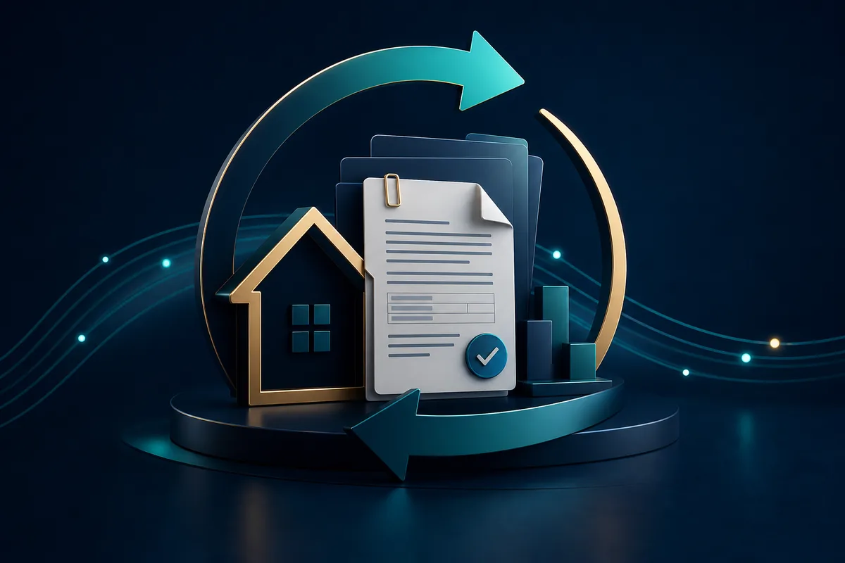 Premium refinancing visual with a home, loan document and review pathway.