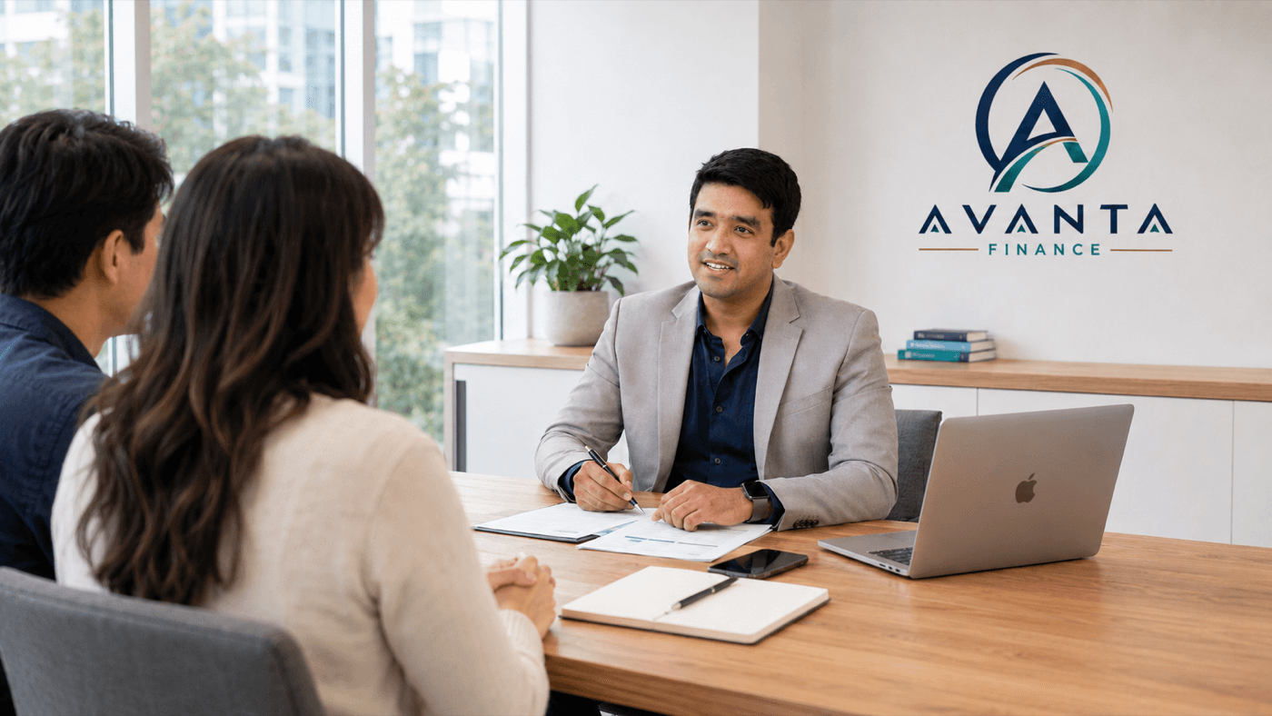 Avanta Finance consultation with clients in a meeting room.
