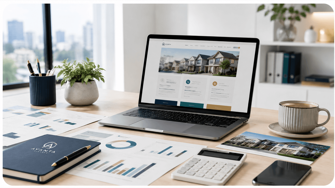 Finance insights workspace with a laptop, charts, calculator and Avanta Finance notebook.